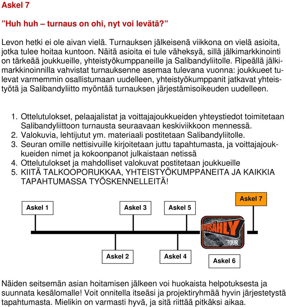 Ripeällä jälkimarkkinoinnilla vahvistat turnauksenne asemaa tulevana vuonna: joukkueet tulevat varmemmin osallistumaan uudelleen, yhteistyökumppanit jatkavat yhteistyötä ja Salibandyliitto myöntää