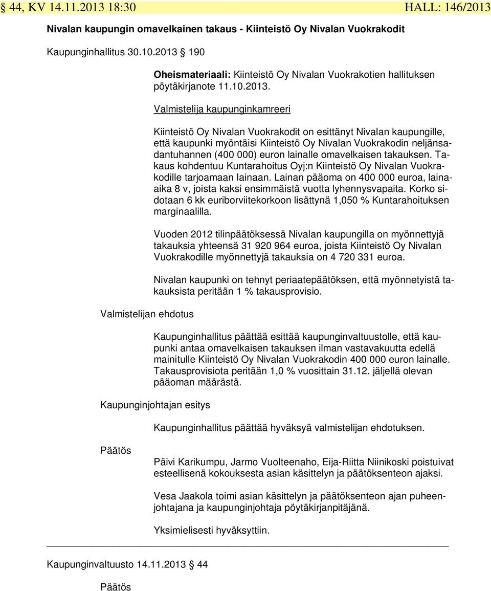 Nivalan kaupungille, että kaupunki myöntäisi Kiinteistö Oy Nivalan Vuokrakodin neljänsadantuhannen (400 000) euron lainalle omavelkaisen takauksen.