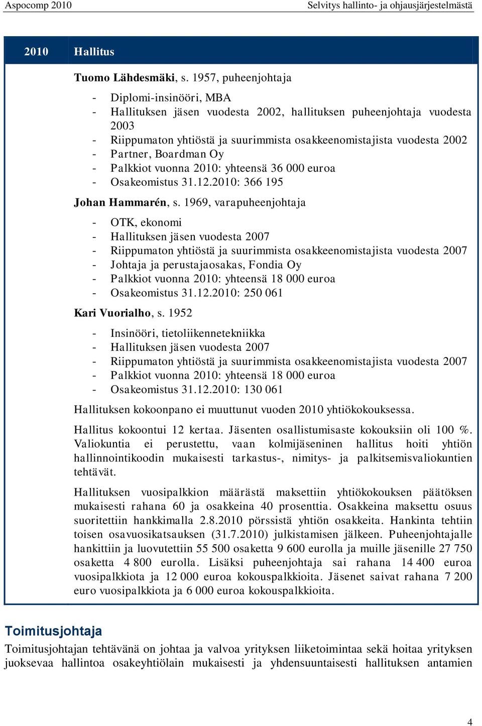 Partner, Boardman Oy - Palkkiot vuonna 2010: yhteensä 36 000 euroa - Osakeomistus 31.12.2010: 366 195 Johan Hammarén, s.