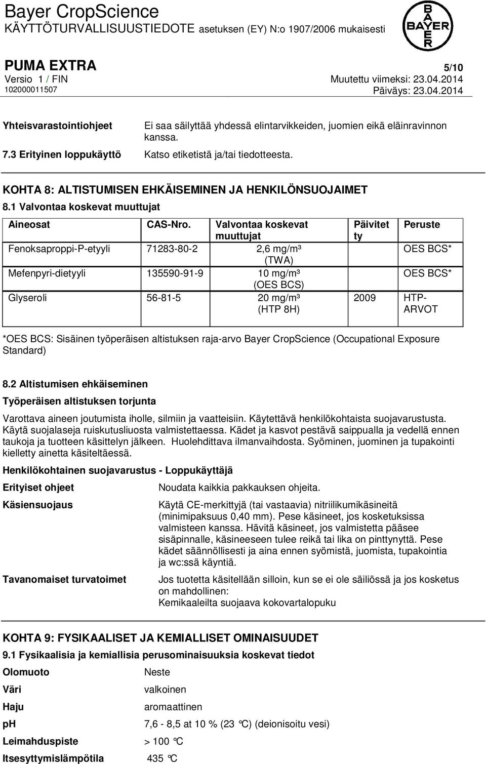 Valvontaa koskevat muuttujat Fenoksaproppi-P-etyyli 71283-80-2 2,6 mg/m³ (TWA) Mefenpyri-dietyyli 135590-91-9 10 mg/m³ (OES BCS) Glyseroli 56-81-5 20 mg/m³ (HTP 8H) Päivitet ty Peruste OES BCS* OES