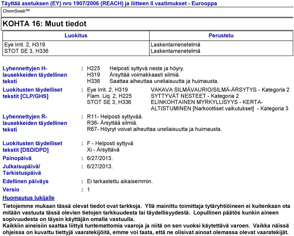 täydellinen teksti H225 H319 H336 Helposti syttyvä neste ja höyry. Ärsyttää voimakkaasti silmiä. Saattaa aiheuttaa uneliaisuutta ja huimausta. Eye Irrit.