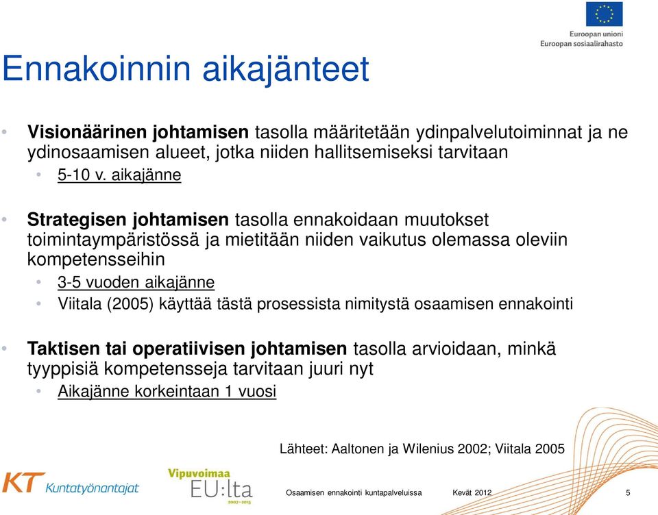 aikajänne Strategisen johtamisen tasolla ennakoidaan muutokset toimintaympäristössä ja mietitään niiden vaikutus olemassa oleviin kompetensseihin 3-5 vuoden