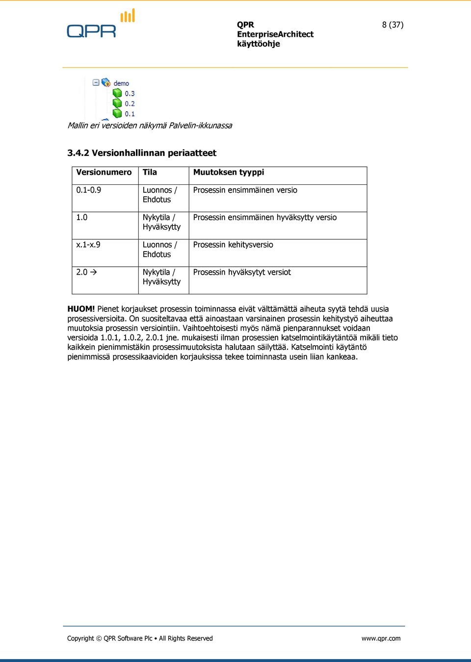 Pienet korjaukset prosessin toiminnassa eivät välttämättä aiheuta syytä tehdä uusia prosessiversioita.