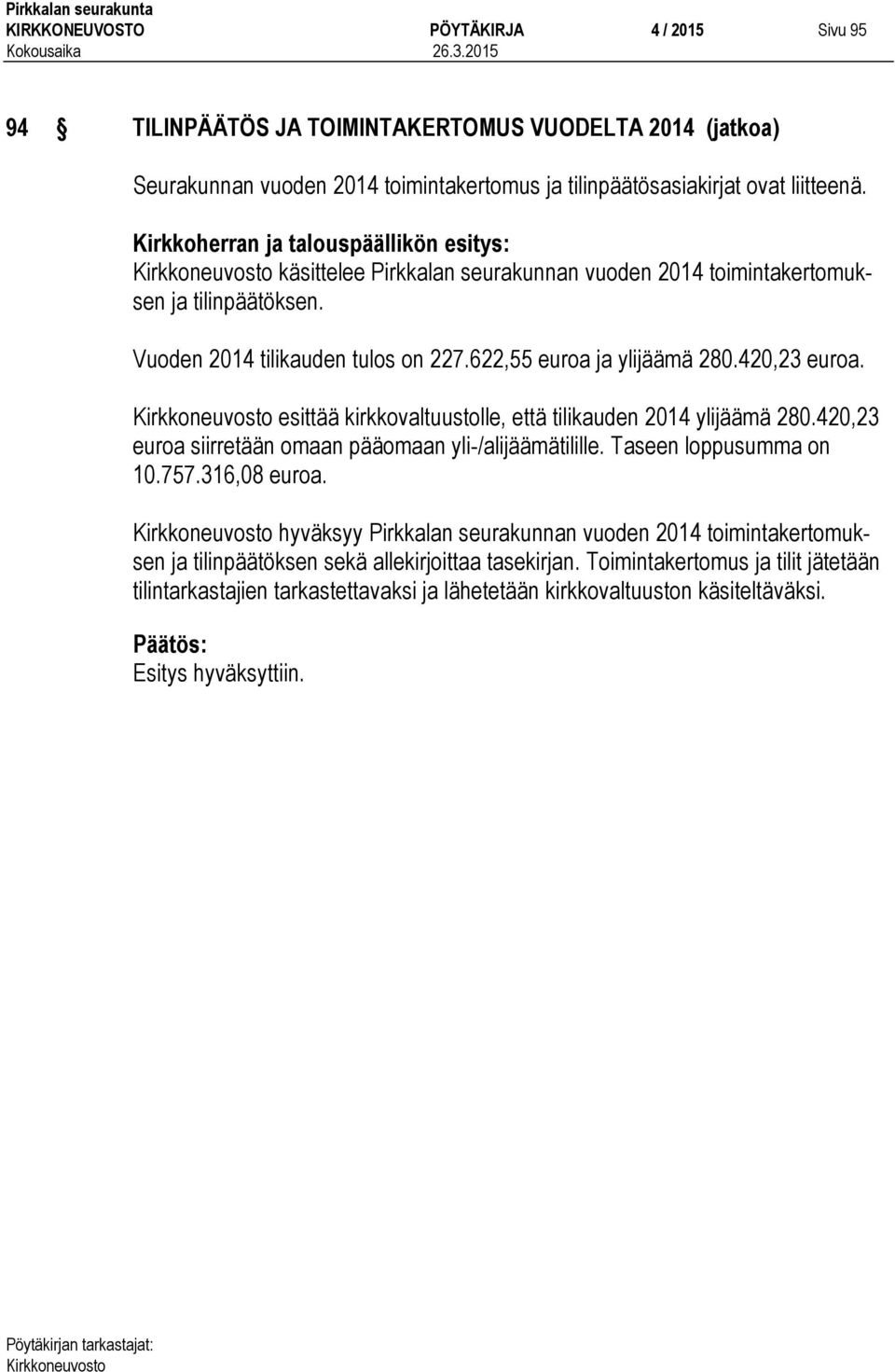 420,23 euroa. esittää kirkkovaltuustolle, että tilikauden 2014 ylijäämä 280.420,23 euroa siirretään omaan pääomaan yli-/alijäämätilille. Taseen loppusumma on 10.757.316,08 euroa.