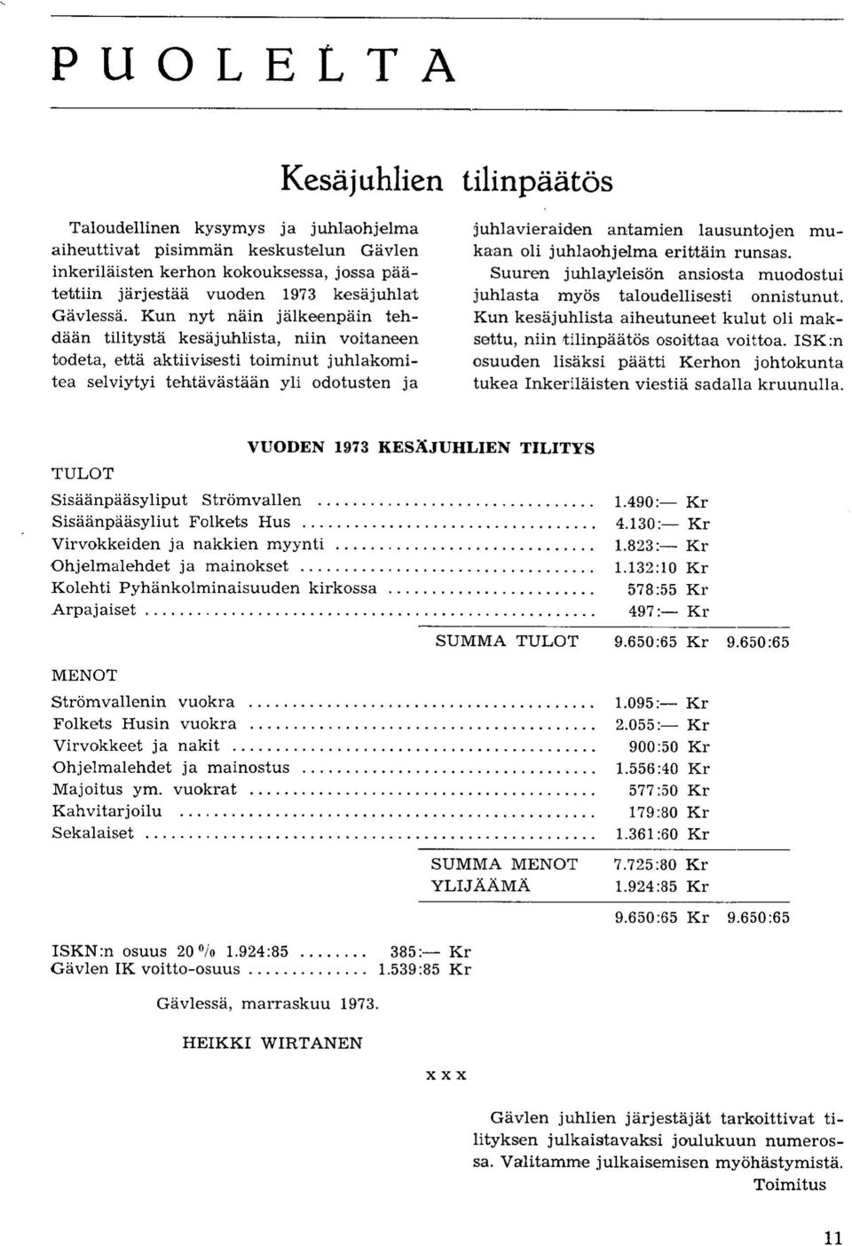 Kun nyt nain jalkeenpain tehda'an tilitysta kesajuhlista, niin voitaneen todeta, etta aktiivisesti toiminut juhlakomitea selviytyi tehtavastaan yli odotusten ja juhlavieraiden antamien lausuntojen