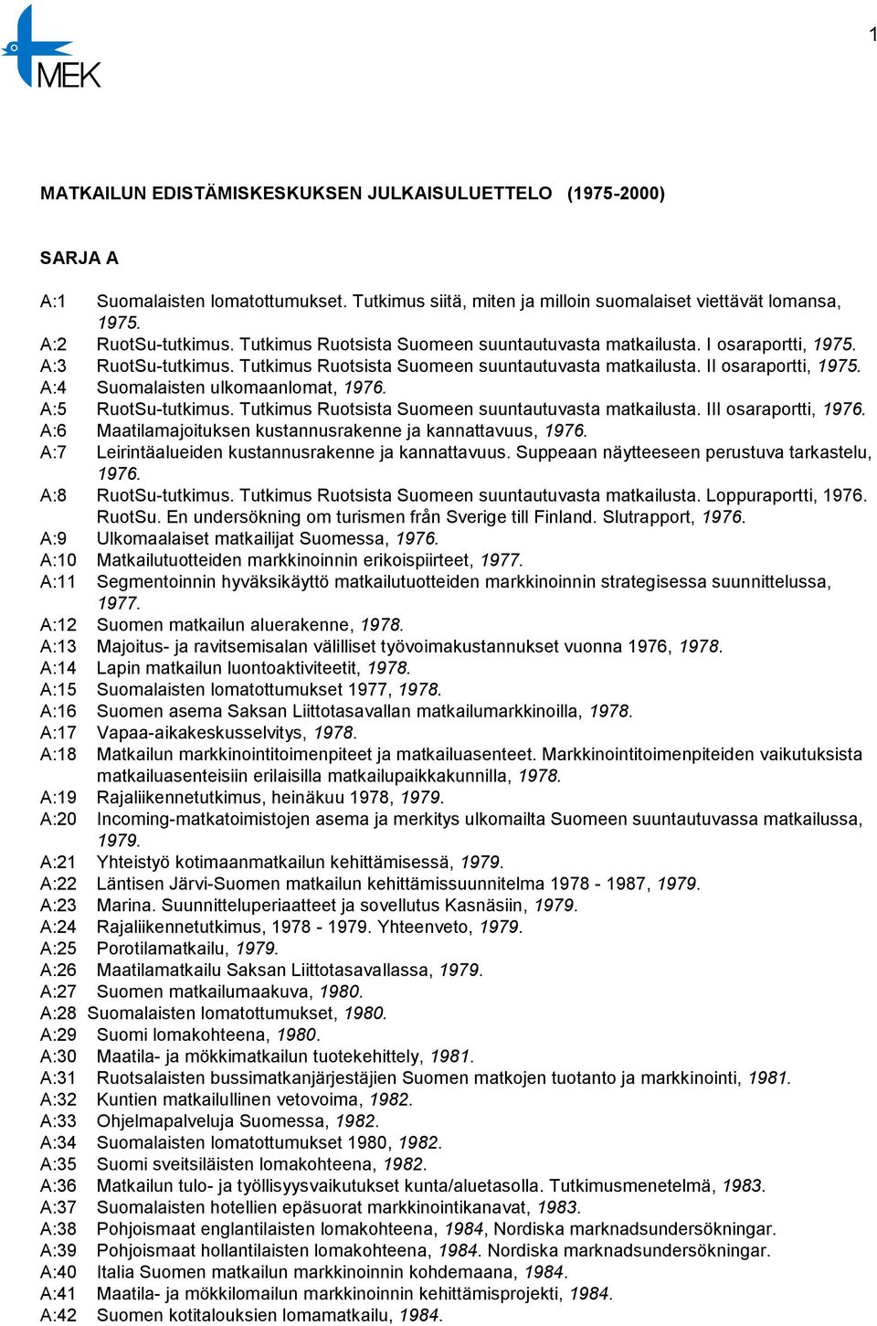 A:4 Suomalaisten ulkomaanlomat, 1976. A:5 RuotSu-tutkimus. Tutkimus Ruotsista Suomeen suuntautuvasta matkailusta. III osaraportti, 1976. A:6 Maatilamajoituksen kustannusrakenne ja kannattavuus, 1976.