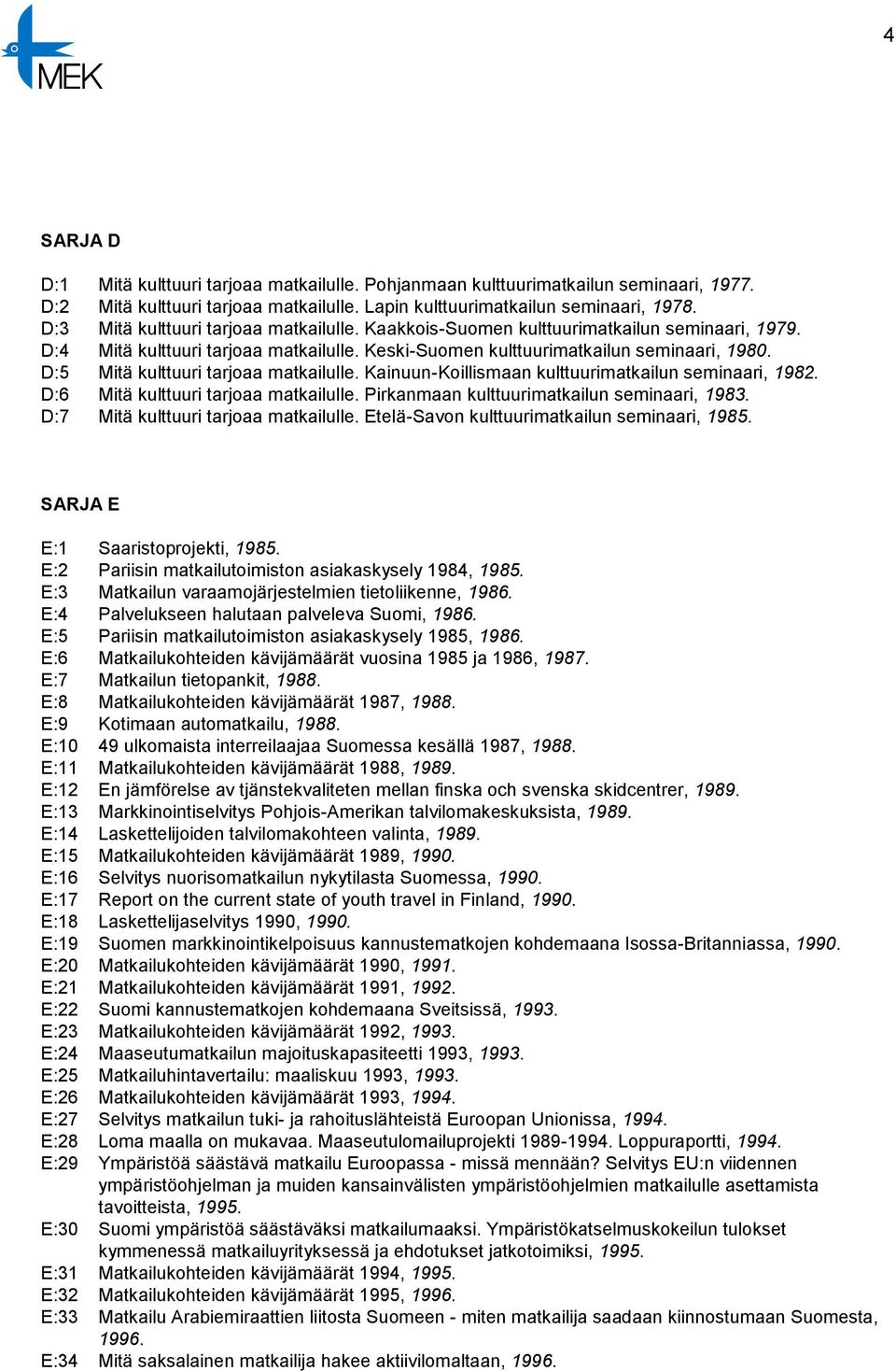 D:5 Mitä kulttuuri tarjoaa matkailulle. Kainuun-Koillismaan kulttuurimatkailun seminaari, 1982. D:6 Mitä kulttuuri tarjoaa matkailulle. Pirkanmaan kulttuurimatkailun seminaari, 1983.