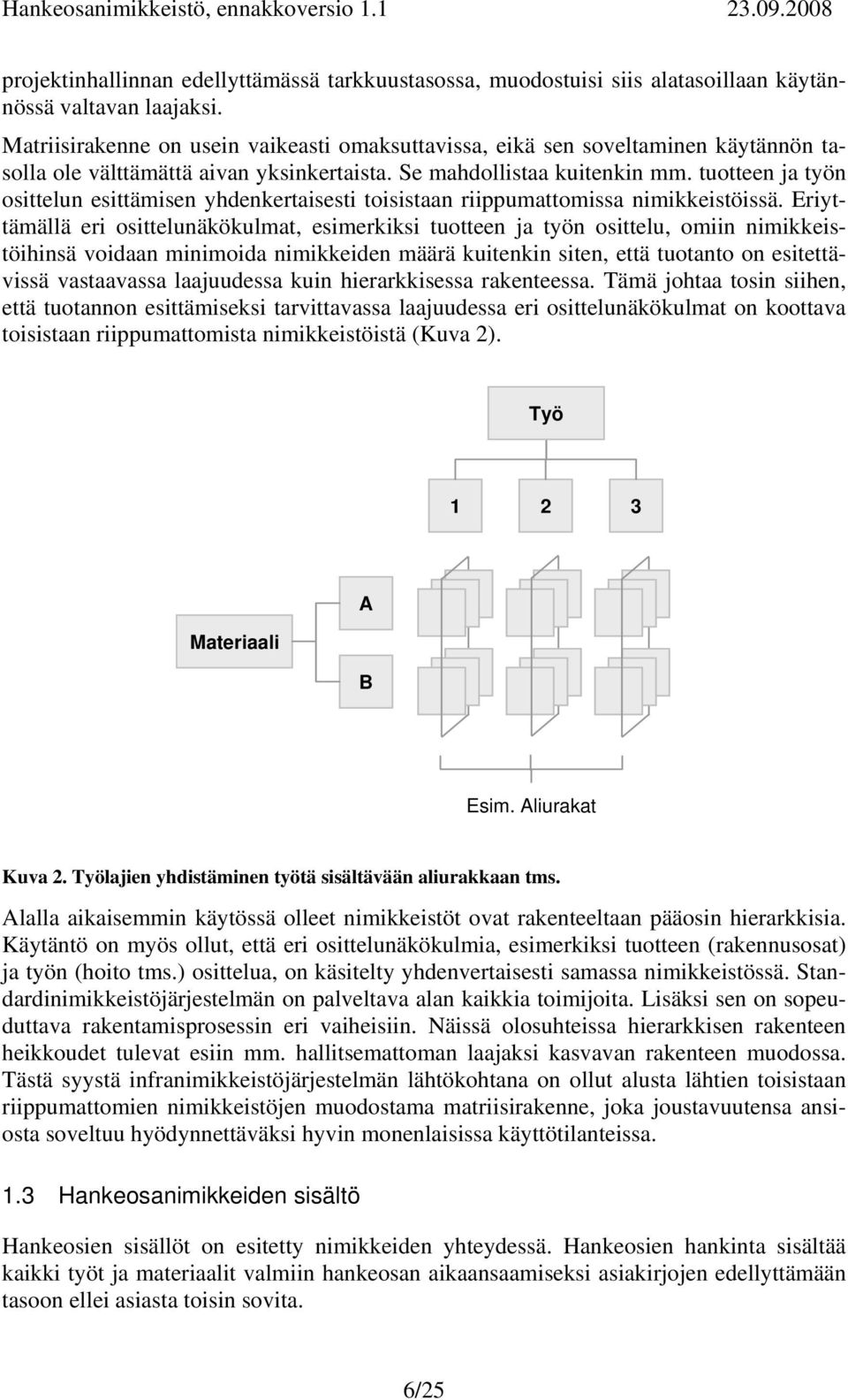 tuotteen ja työn osittelun esittämisen yhdenkertaisesti toisistaan riippumattomissa nimikkeistöissä.