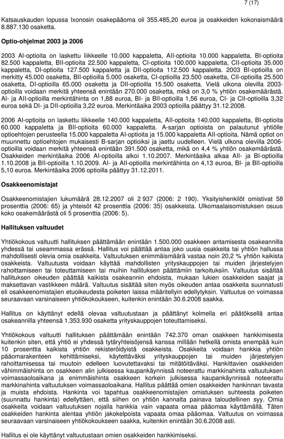 500 kappaletta ja DII-optioita 112.500 kappaletta. 2003 BI-optioilla on merkitty 45.000 osaketta, BII-optioilla 5.000 osaketta, CI-optioilla 23.500 osaketta, CII-optioilla 25.