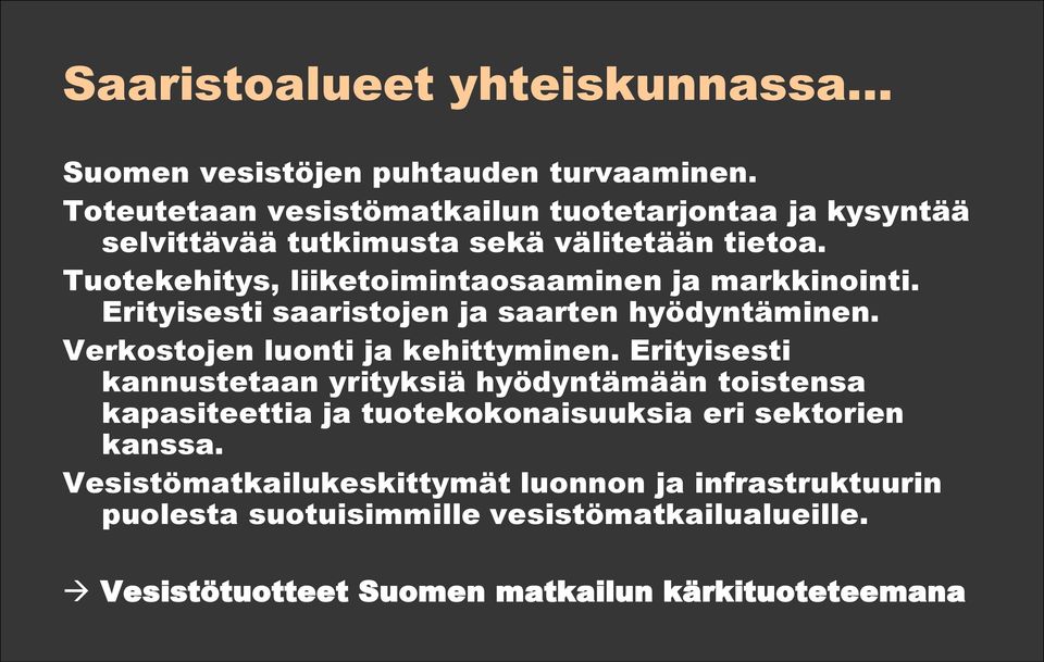 Tuotekehitys, liiketoimintaosaaminen ja markkinointi. Erityisesti saaristojen ja saarten hyödyntäminen. Verkostojen luonti ja kehittyminen.
