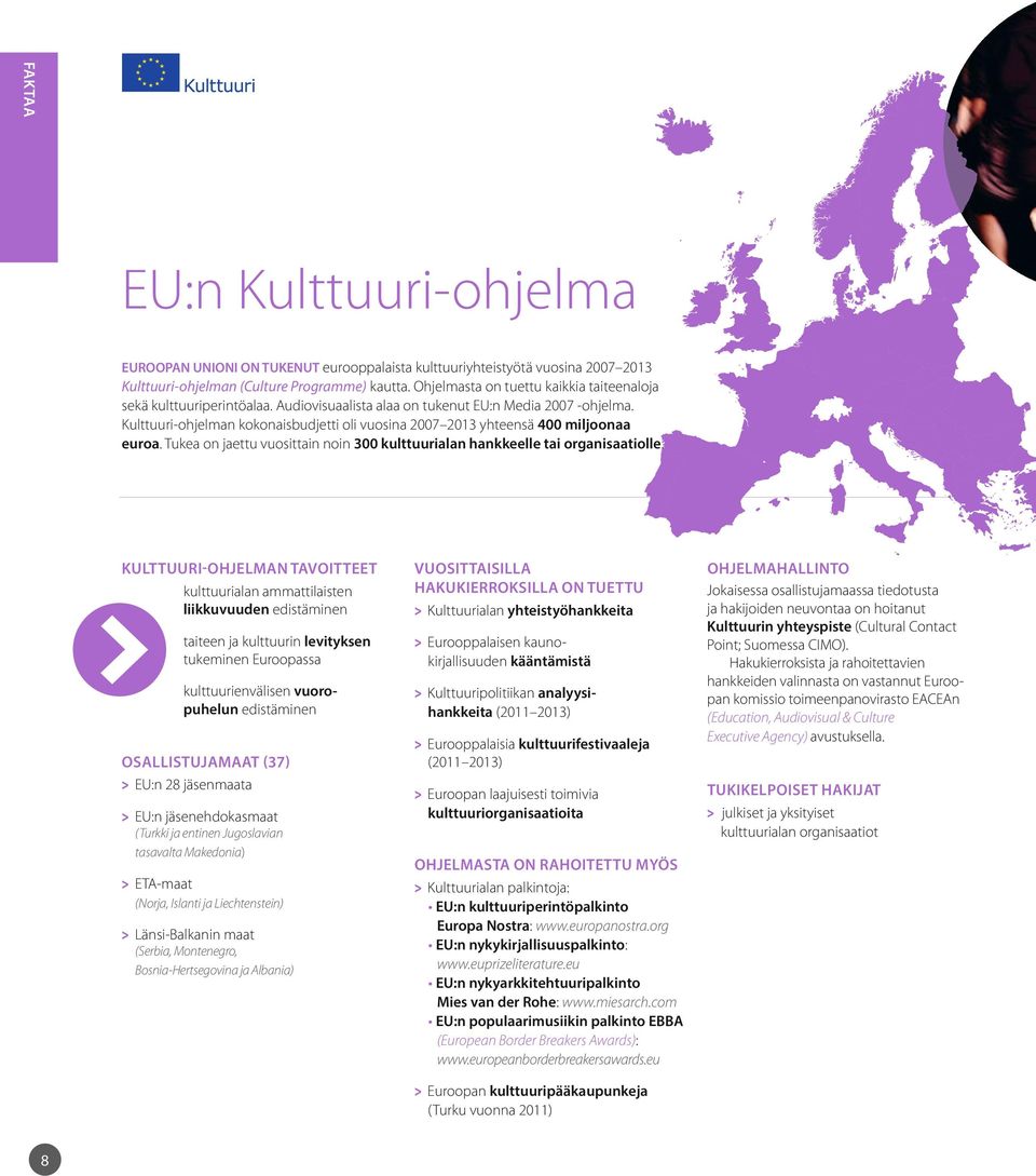 Kulttuuri-ohjelman kokonaisbudjetti oli vuosina 2007 2013 yhteensä 400 miljoonaa euroa. Tukea on jaettu vuosittain noin 300 kulttuurialan hankkeelle tai organisaatiolle.