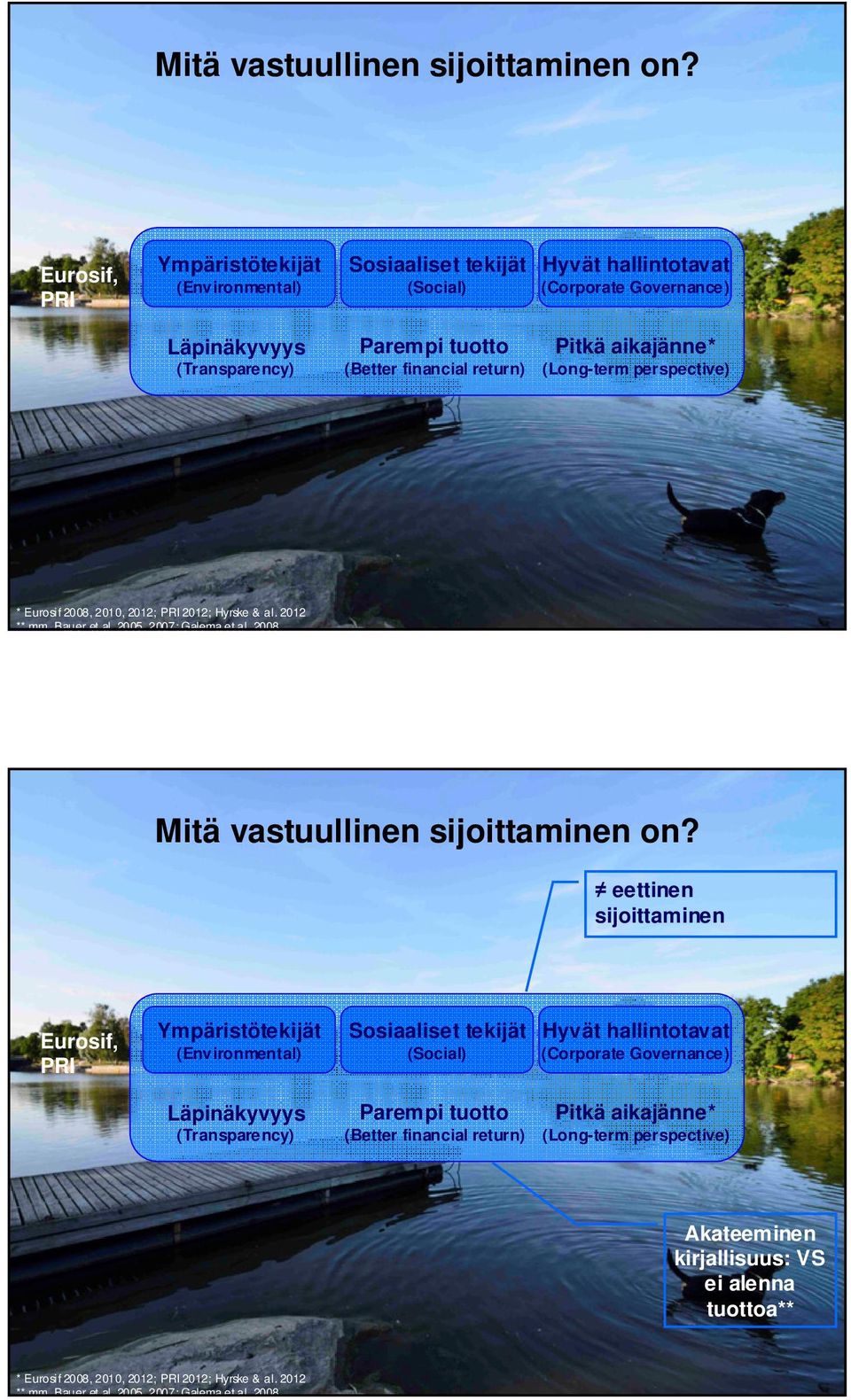 aikajänne* (Long-term perspective) * Eurosif 2008, 2010, 2012; PRI 2012; Hyrske & al. 2012 ** mm. Bauer et al. 2005, 2007; Galema et al.