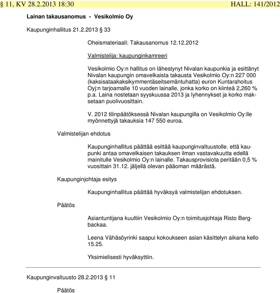 12.2012 Valmistelija: kaupunginkamreeri Vesikolmio Oy:n hallitus on lähestynyt Nivalan kaupunkia ja esittänyt Nivalan kaupungin omavelkaista takausta Vesikolmio Oy:n 227 000