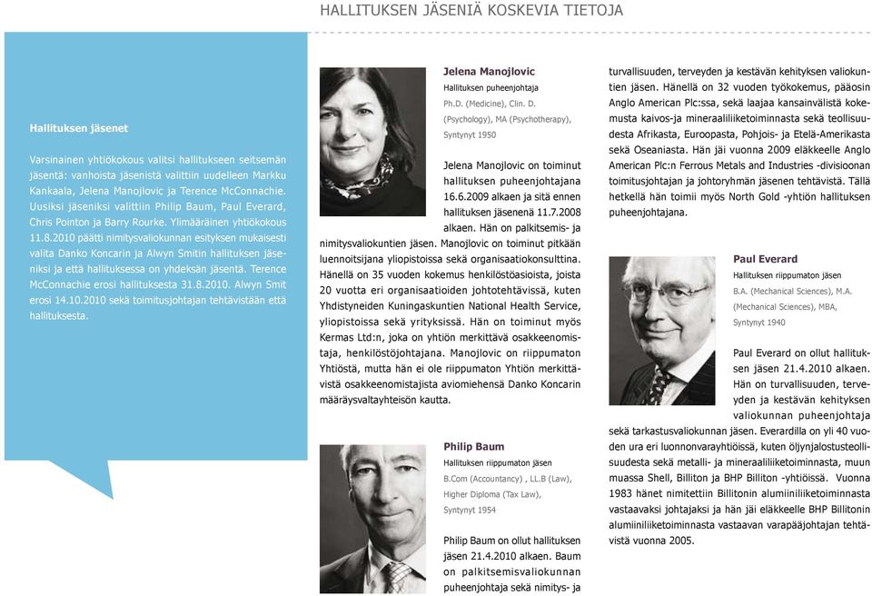 2010 päätti nimitysvaliokunnan esityksen mukaisesti valita Danko Koncarin ja Alwyn Smitin hallituksen jäseniksi ja että hallituksessa on yhdeksän jäsentä. Terence McConnachie erosi hallituksesta 31.8.