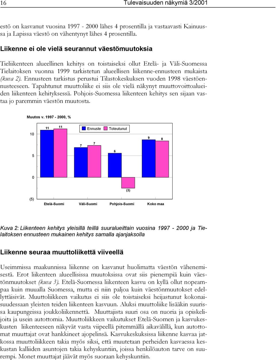 mukaista (kuva 2). Ennusteen tarkistus perustui Tilastokeskuksen vuoden 1998 väestöennusteeseen. Tapahtunut muuttoliike ei siis ole vielä näkynyt muuttovoittoalueiden liikenteen kehityksessä.