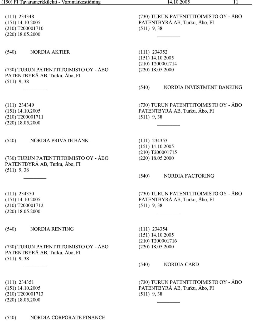 2000 (730) TURUN PATENTTITOIMISTO OY - ÅBO PATENTBYRÅ AB, Turku, Åbo, FI (511) 9, 38 NORDIA AKTIER (730) TURUN PATENTTITOIMISTO OY - ÅBO PATENTBYRÅ AB, Turku, Åbo, FI (511) 9, 38 (111) 234352 (210)