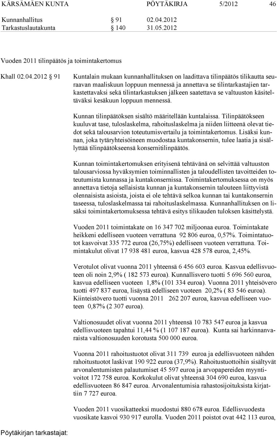 2012 91 Kuntalain mukaan kunnanhallituksen on laadittava tilinpäätös tilikautta seuraavan maaliskuun loppuun mennessä ja annettava se tilintarkastajien tarkastettavaksi sekä tilintarkastuksen jälkeen