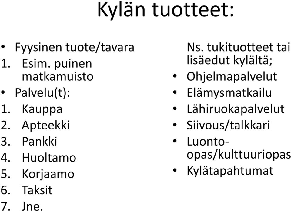 Huoltamo 5. Korjaamo 6. Taksit 7. Jne. Ns.