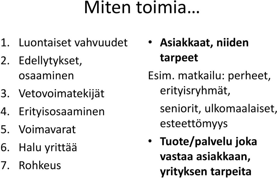 Rohkeus Asiakkaat, niiden tarpeet Esim.