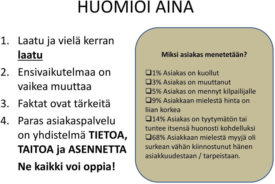 1% Asiakas on kuollut 3% Asiakas on muuttanut 5% Asiakas on mennyt kilpailijalle 9% Asiakkaan mielestä hinta on liian korkea