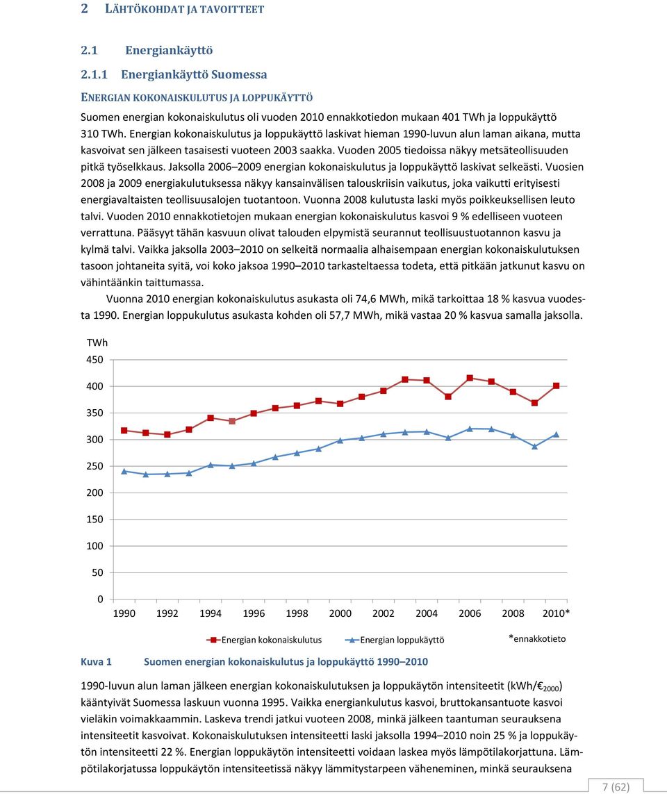 Vuoden 2005 tiedoissa näkyy metsäteollisuuden pitkä työselkkaus. Jaksolla 2006 2009 energian kokonaiskulutus ja loppukäyttö laskivat selkeästi.