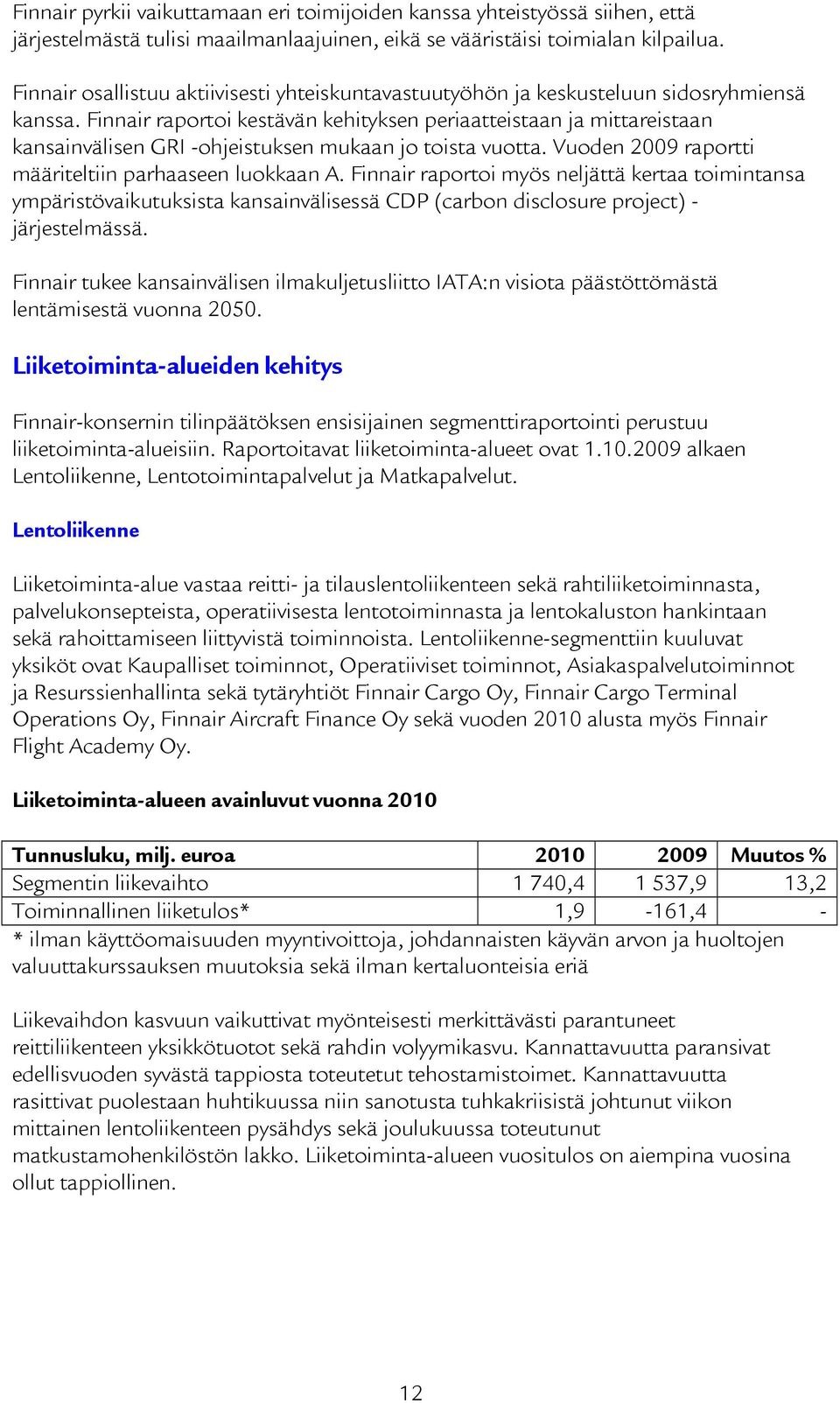 Finnair raportoi kestävän kehityksen periaatteistaan ja mittareistaan kansainvälisen GRI -ohjeistuksen mukaan jo toista vuotta. Vuoden 2009 raportti määriteltiin parhaaseen luokkaan A.