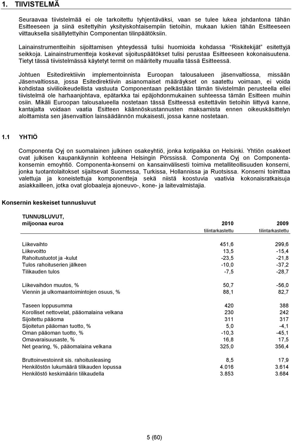 Lainainstrumentteja koskevat sijoituspäätökset tulisi perustaa Esitteeseen kokonaisuutena. Tietyt tässä tiivistelmässä käytetyt termit on määritelty muualla tässä Esitteessä.