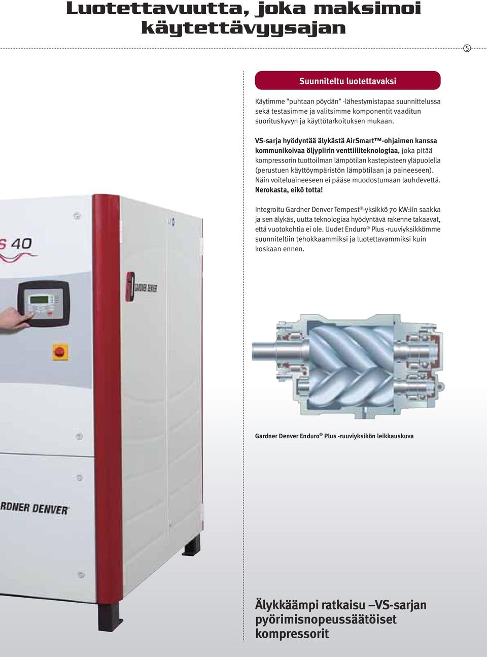VS-sarja hyödyntää älykästä AirSmart -ohjaimen kanssa kommunikoivaa öljypiirin venttiiliteknologiaa, joka pitää kompressorin tuottoilman lämpötilan kastepisteen yläpuolella (perustuen