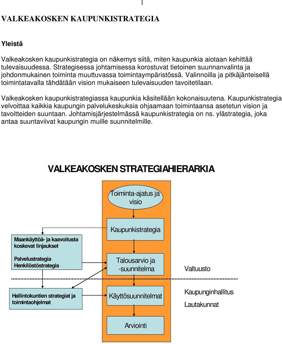 Valinnoilla ja pitkäjänteisellä toimintatavalla tähdätään vision mukaiseen tulevaisuuden tavoitetilaan. Valkeakosken kaupunkistrategiassa kaupunkia käsitellään kokonaisuutena.