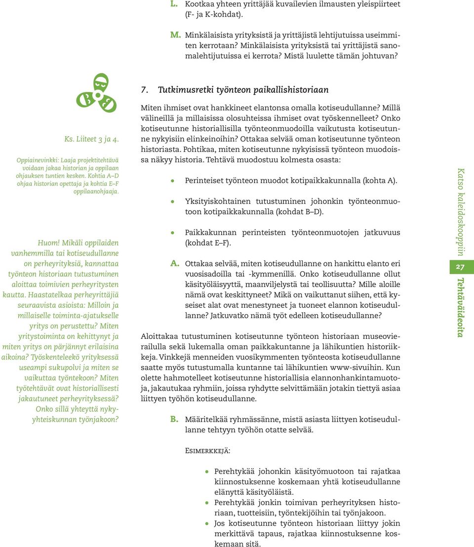 Oppiainevinkki: Laaja projektitehtävä voidaan jakaa historian ja oppilaan ohjauksen tuntien kesken. Kohtia A D ohjaa historian opettaja ja kohtia E F oppilaanohjaaja. Huom!