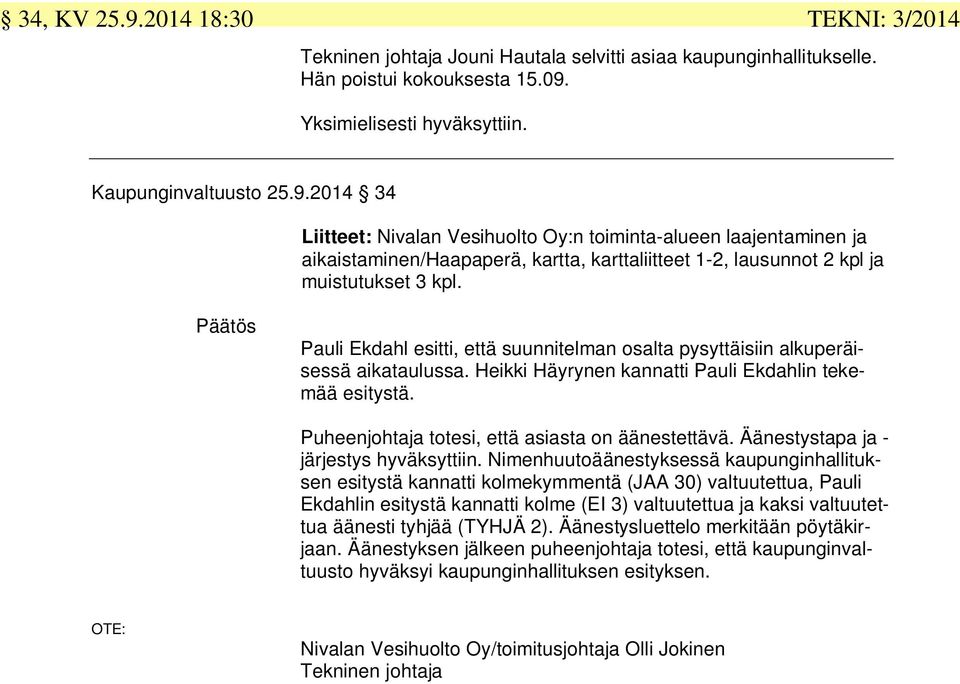 Puheenjohtaja totesi, että asiasta on äänestettävä. Äänestystapa ja - järjestys hyväksyttiin.