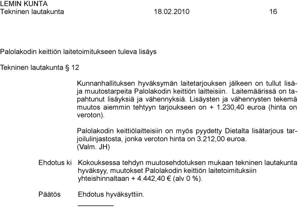 Palolakodin keittiön laitteisiin. Laitemäärissä on tapahtunut lisäyksiä ja vähennyksiä. Lisäysten ja vähennysten tekemä muutos aiemmin tehtyyn tarjoukseen on + 1.