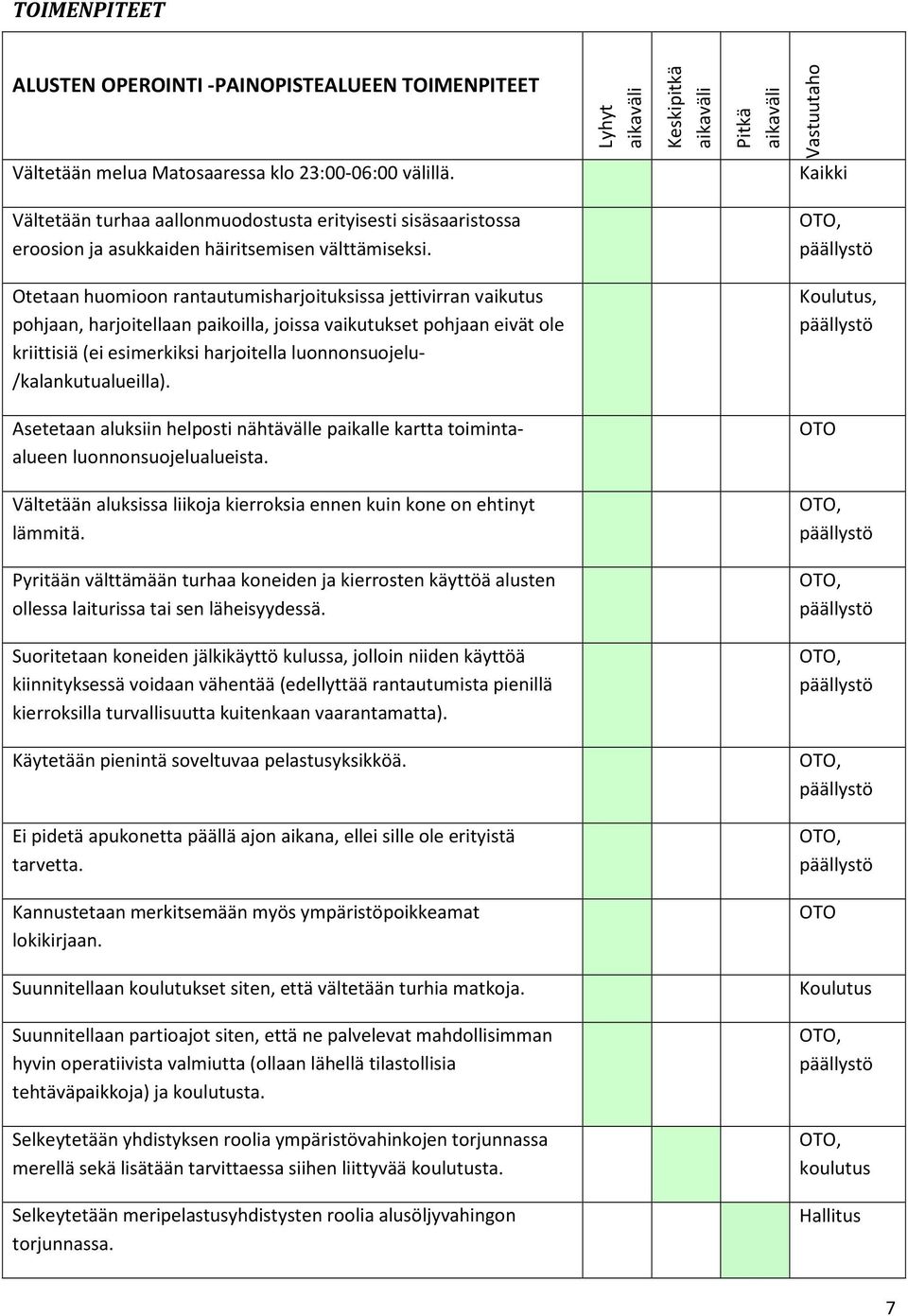 Otetaan huomioon rantautumisharjoituksissa jettivirran vaikutus pohjaan, harjoitellaan paikoilla, joissa vaikutukset pohjaan eivät ole kriittisiä (ei esimerkiksi harjoitella luonnonsuojelu-