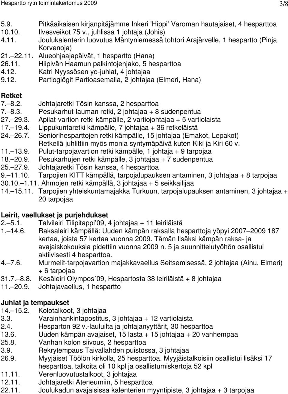 Katri Nyyssösen yo-juhlat, 4 johtajaa 9.12. Partioglögit Partioasemalla, 2 johtajaa (Elmeri, Hana) Retket 7. 8.2. Johtajaretki Tösin kanssa, 2 hesparttoa 7. 8.3.