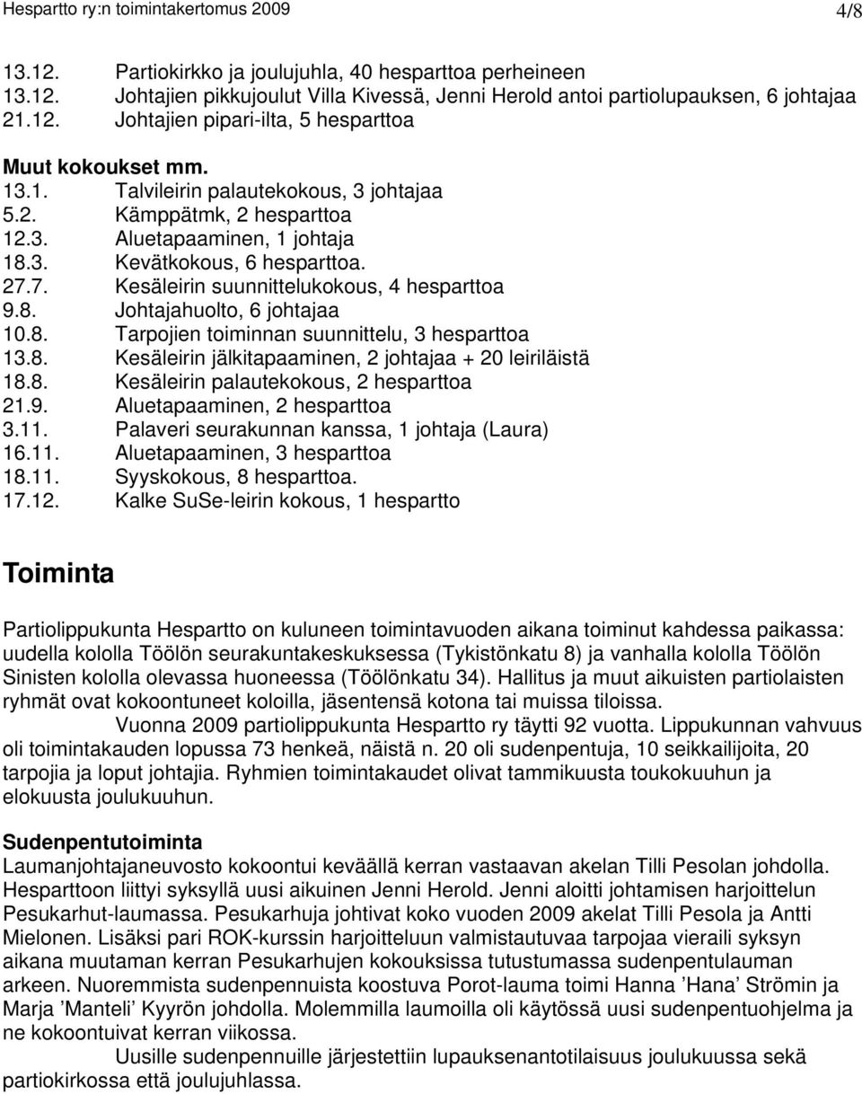 8. Tarpojien toiminnan suunnittelu, 3 hesparttoa 13.8. Kesäleirin jälkitapaaminen, 2 johtajaa + 20 leiriläistä 18.8. Kesäleirin palautekokous, 2 hesparttoa 21.9. Aluetapaaminen, 2 hesparttoa 3.11.