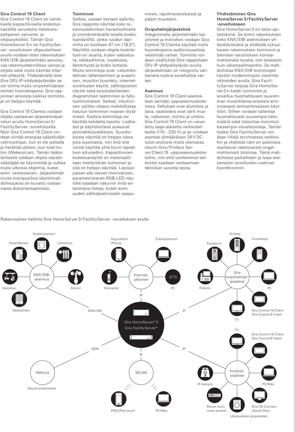 Internet-yhteyttä. Yhdistämällä laite Gira OPJ-IP-yhdyskäytävään se voi toimia myös ovipuhelinjärjestelmän huonekojeena. Gira rajapinnan ansiosta kaikkia toimintoja on helppo käyttää.