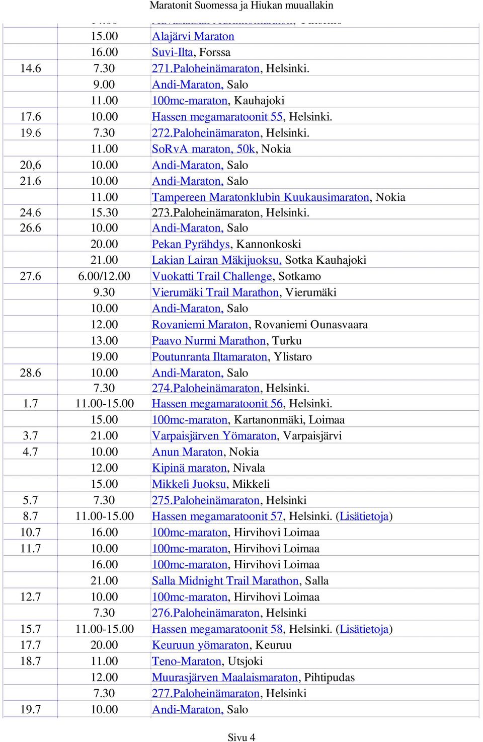 Paloheinämaraton, Helsinki. 26.6 20.00 Pekan Pyrähdys, Kannonkoski 21.00 Lakian Lairan Mäkijuoksu, Sotka Kauhajoki 27.6 6.00/12.00 Vuokatti Trail Challenge, Sotkamo 9.