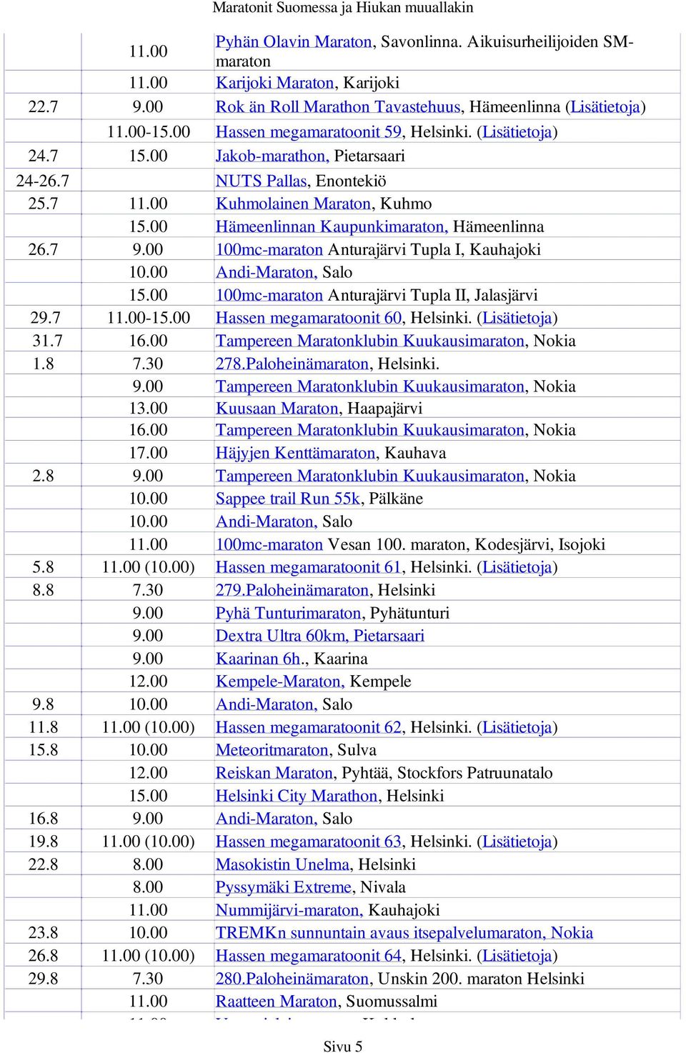 00 Hämeenlinnan Kaupunkimaraton, Hämeenlinna 26.7 9.00 100mc-maraton Anturajärvi Tupla I, Kauhajoki 15.00 100mc-maraton Anturajärvi Tupla II, Jalasjärvi 29.7 11.00-15.