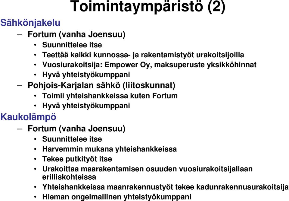 Fortum Hyvä yhteistyökumppani Kaukolämpö Fortum (vanha Joensuu) Suunnittelee itse Harvemmin mukana yhteishankkeissa Tekee putkityöt itse Urakoittaa