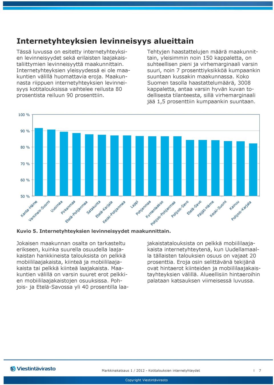 Maakunnasta riippuen internetyhteyksien levinneisyys kotitalouksissa vaihtelee reilusta 80 prosentista reiluun 90 prosenttiin.