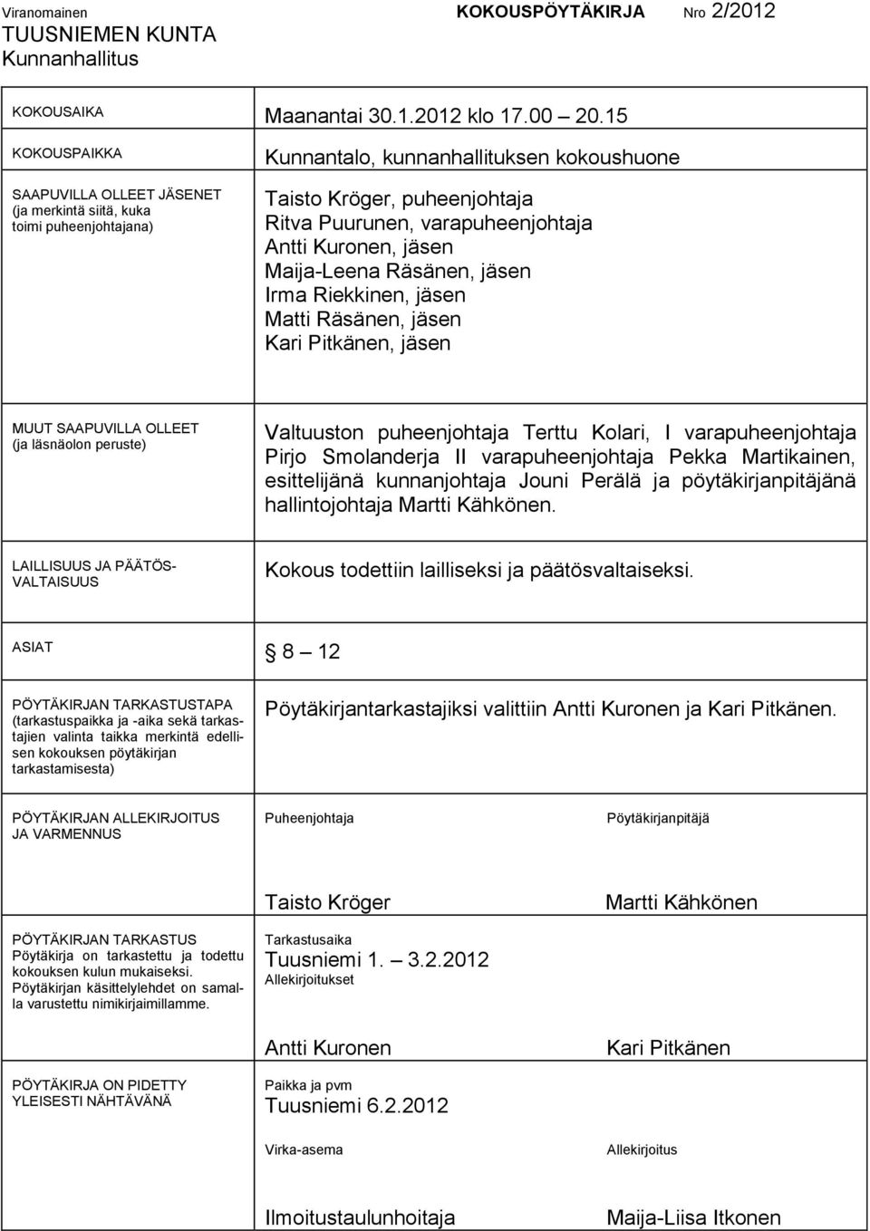 Antti Kuronen, jäsen Maija-Leena Räsänen, jäsen Irma Riekkinen, jäsen Matti Räsänen, jäsen Kari Pitkänen, jäsen MUUT SAAPUVILLA OLLEET (ja läsnäolon peruste) Valtuuston puheenjohtaja Terttu Kolari, I
