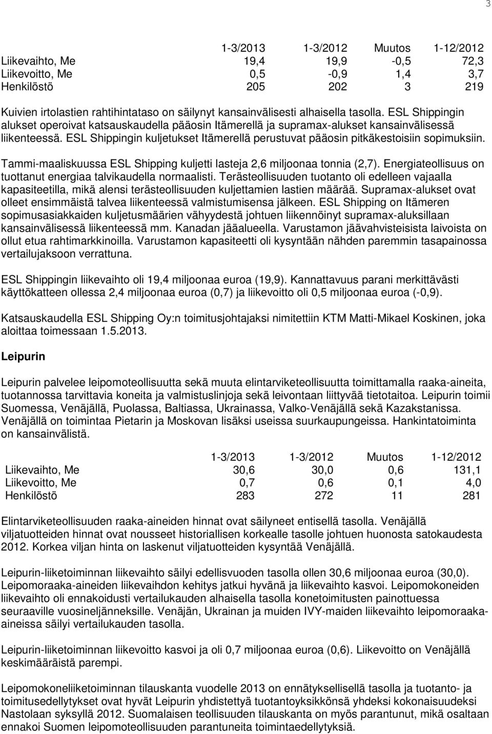 ESL Shippingin kuljetukset Itämerellä perustuvat pääosin pitkäkestoisiin sopimuksiin. Tammi-maaliskuussa ESL Shipping kuljetti lasteja 2,6 miljoonaa tonnia (2,7).