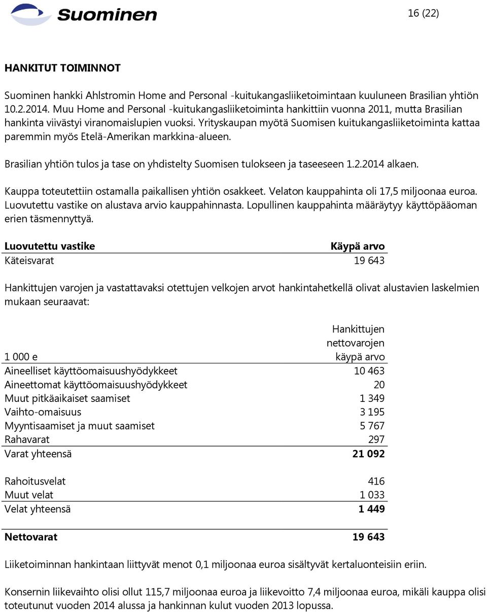 Yrityskaupan myötä Suomisen kuitukangasliiketoiminta kattaa paremmin myös Etelä-Amerikan markkina-alueen. Brasilian yhtiön tulos ja tase on yhdistelty Suomisen tulokseen ja taseeseen 1.2.2014 alkaen.