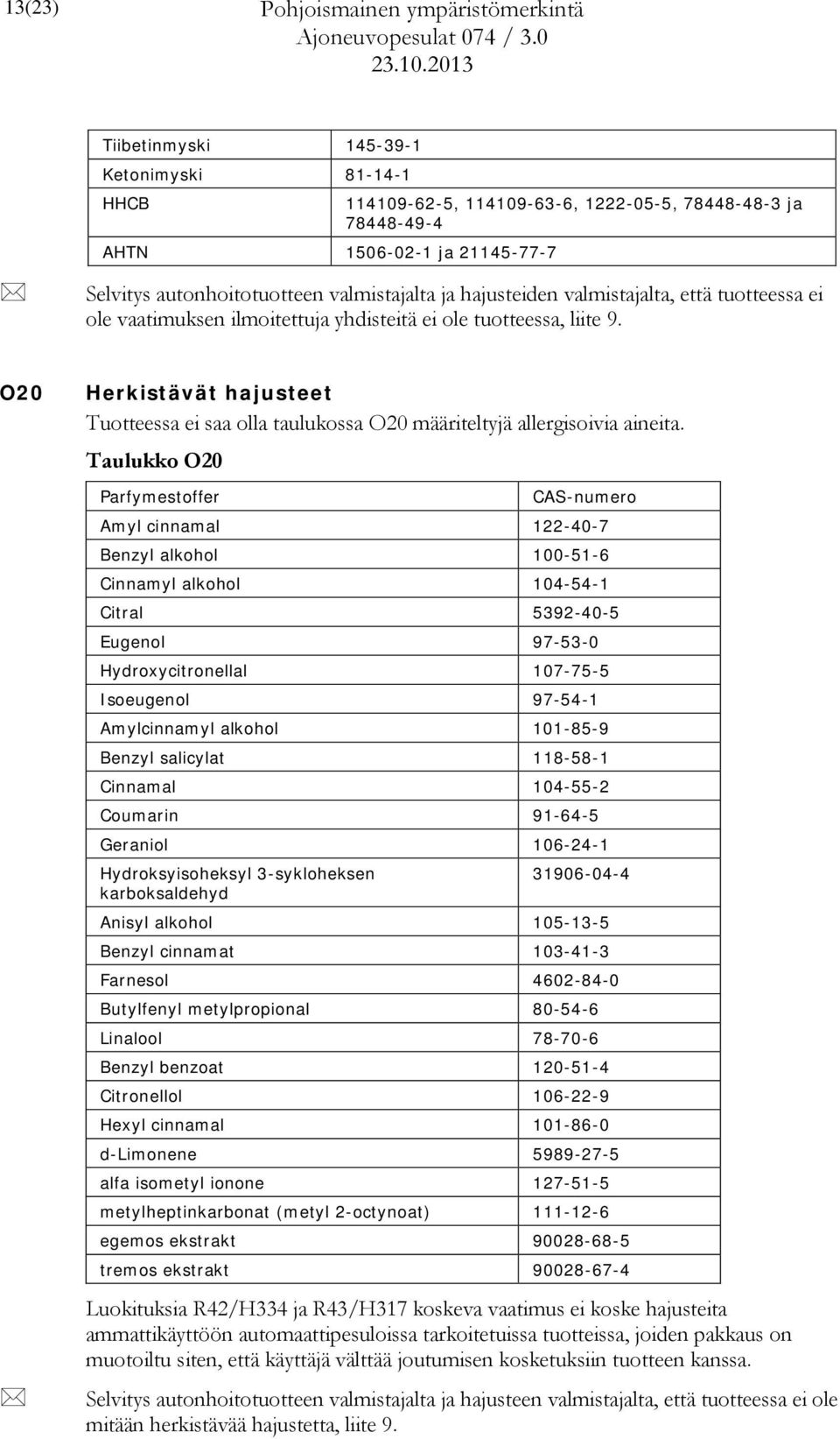 O20 Herkistävät hajusteet Tuotteessa ei saa olla taulukossa O20 määriteltyjä allergisoivia aineita.