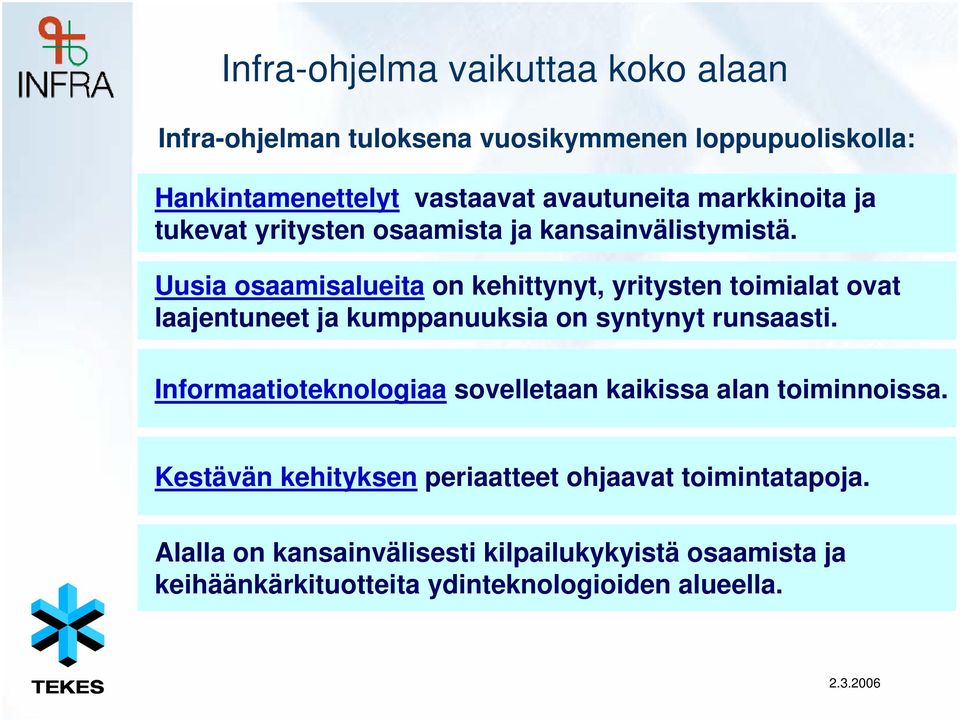 Uusia osaamisalueita on kehittynyt, yritysten toimialat ovat laajentuneet ja kumppanuuksia on syntynyt runsaasti.