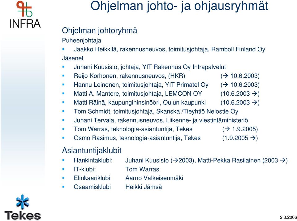 6.2003 ) Tom Schmidt, toimitusjohtaja, Skanska /Tieyhtiö Nelostie Oy Juhani Tervala, rakennusneuvos, Liikenne- ja viestintäministeriö Tom Warras, teknologia-asiantuntija, Tekes ( 1.9.