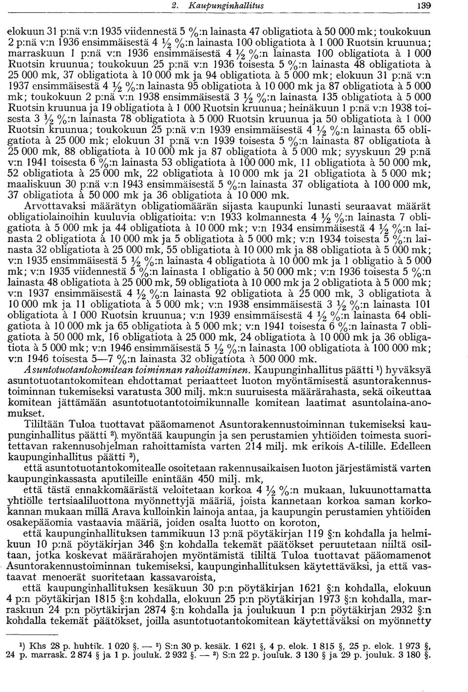 marraskuun 1 p:nä v:n 1936 ensimmäisestä 4 y 2 %:n lainasta 100 obligatiota ä 1 000 Ruotsin kruunua; toukokuun 25 p:nä v:n 1936 toisesta 5 %:n lainasta 48 obligatiota ä 25 000 mk, 37 obligatiota ä 10