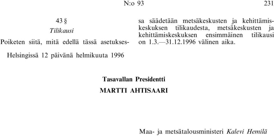 kehittämiskeskuksen ensimmäinen tilikausi on 1.3. 31.12.1996 välinen aika.