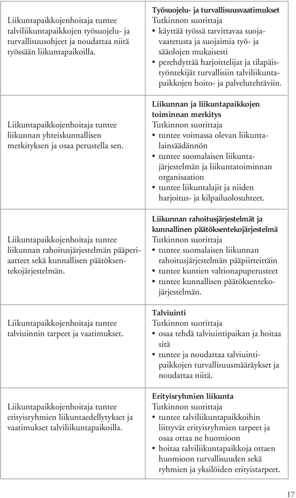 Liikuntapaikkojenhoitaja tuntee liikunnan rahoitusjärjestelmän pääperiaatteet sekä kunnallisen päätöksentekojärjestelmän. Liikuntapaikkojenhoitaja tuntee talviuinnin tarpeet ja vaatimukset.