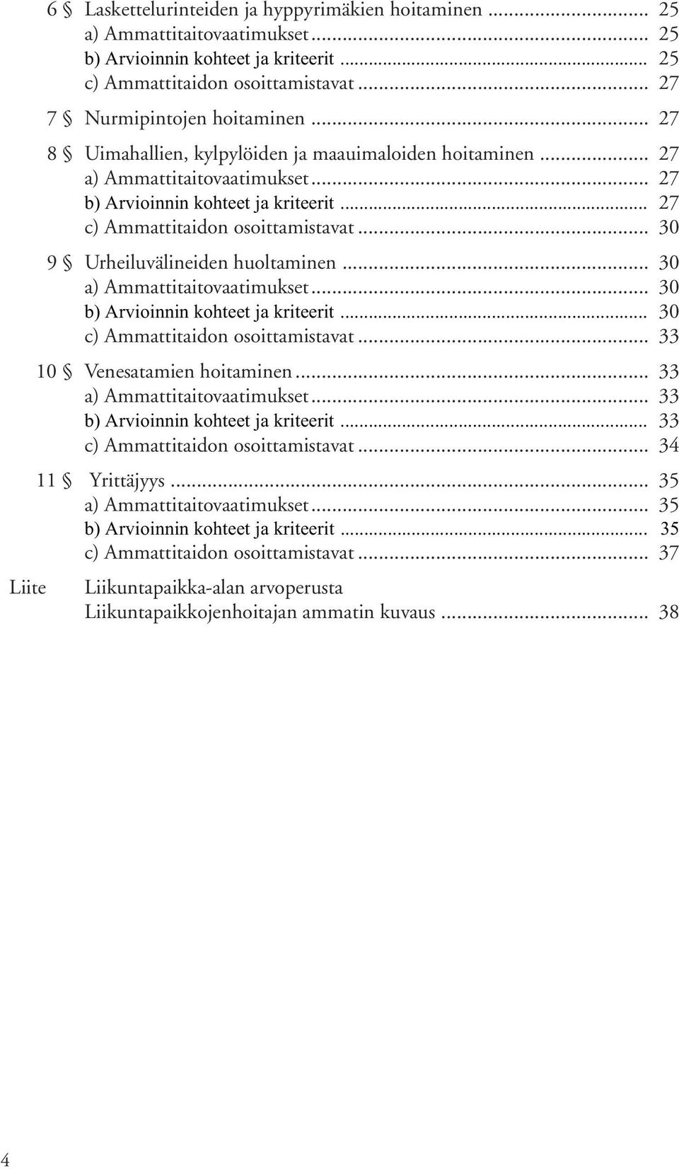 .. 30 9 Urheiluvälineiden huoltaminen... 30 a) Ammattitaitovaatimukset... 30 b) Arvioinnin kohteet ja kriteerit... 30 c) Ammattitaidon osoittamistavat... 33 10 Venesatamien hoitaminen.